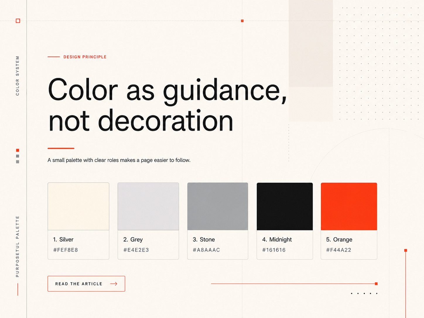 A five-color website palette with silver, grey, stone, midnight, and orange